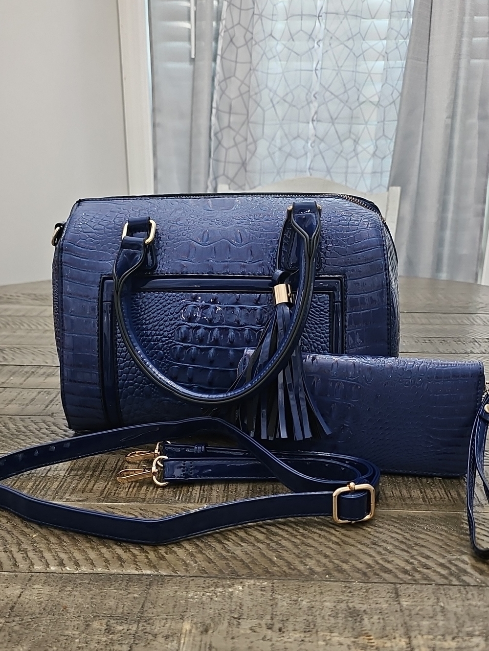 Women’s Navy Croc-Embossed Satchel Handbag with Tassel